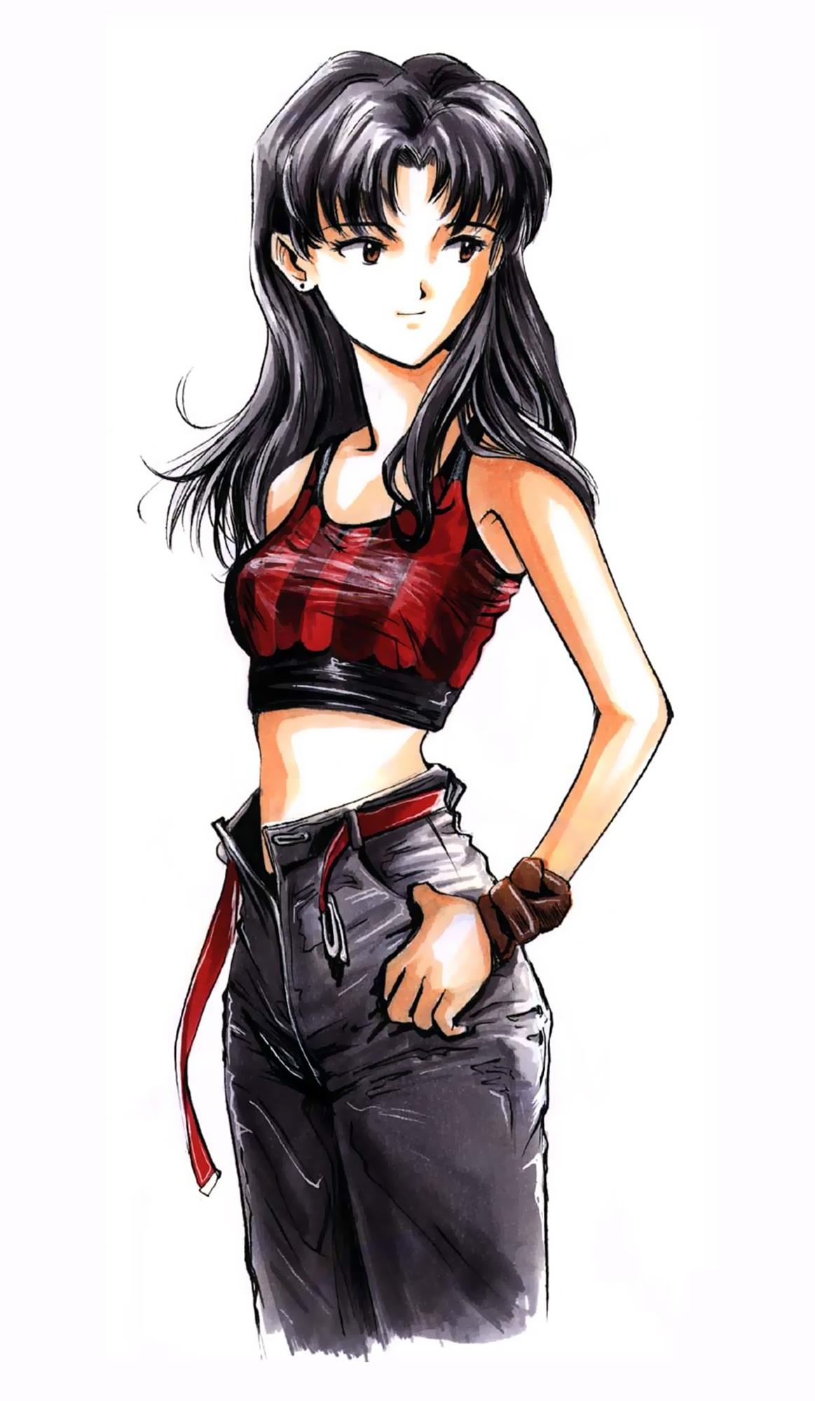 katsuragi misato, neon genesis evangelion, highres, tagme, belt, black hair, midriff, simple background, solo, white background