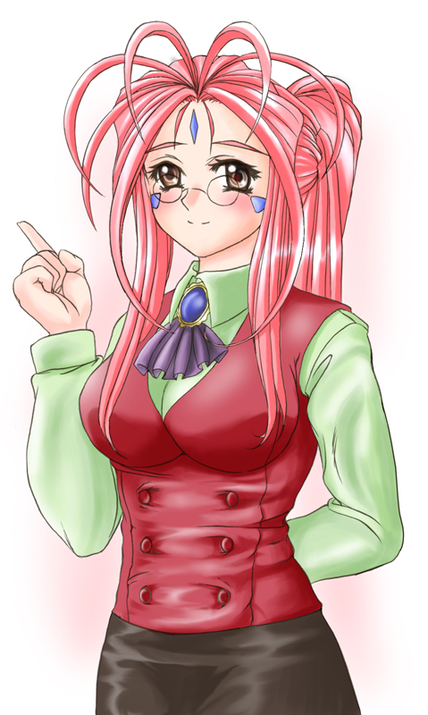 eye (eye-scene), belldandy, inoue kikuko, kazami mizuho, aa megami-sama, onegai teacher, 1girl, blush, brown eyes, cosplay, crossover, facial mark, female focus, forehead mark, glasses, kazami mizuho (cosplay), long hair, pink hair, ponytail, solo, teacher, voice actor connection, white background