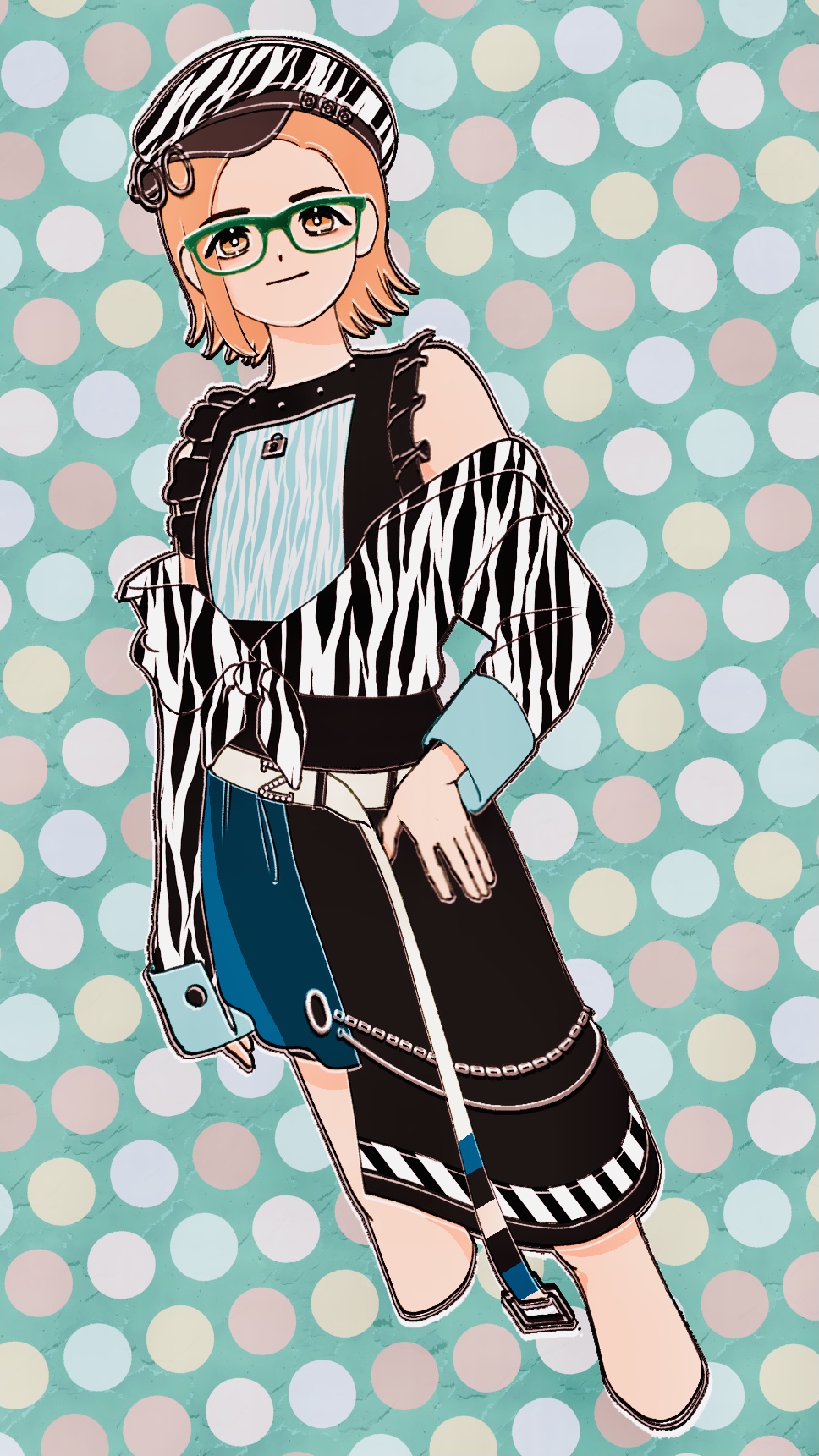 1 hcs, nikki (series), shining nikki, highres, 1girl, animal print, aqua background, asymmetrical skirt, bare shoulders, belt, belt buckle, black skirt, blue shirt, blue skirt, blue sleeve cuffs, breasts, bright pupils, brown belt, buckle, buttons, closed mouth, cropped legs, dot nose, fringe trim, front-tie top, glasses, green-framed eyewear, hand on own hip, hat, hat belt, jacket, jacket partially removed, layered skirt, long sleeves, medium breasts, newsboy cap, orange eyes, orange hair, polka dot, polka dot background, shirt, short hair, sideways hat, skirt, sleeve cuffs, sleeveless, sleeveless shirt, sleeves past wrists, smile, solo, stripe fashion (shining nikki), stylist (nikki), white background, white hat, white jacket, white pupils, zebra print