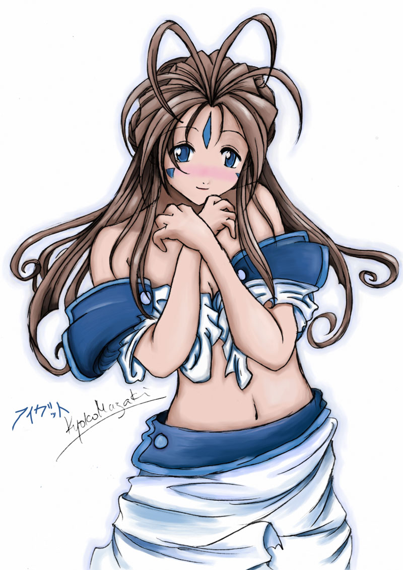 belldandy, aa megami-sama, 1girl, blue eyes, blush, brown hair, facial mark, female focus, forehead mark, long hair, solo