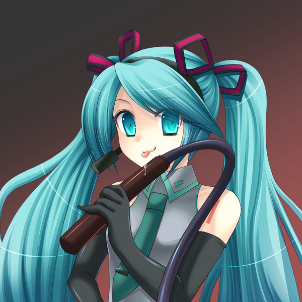 eko, hatsune miku, vocaloid, 1girl, aqua eyes, aqua hair, aqua necktie, bare shoulders, brown background, female focus, gloves, gradient background, headphones, long hair, microphone, necktie, shaded face, smile, solo, swept bangs, twintails, whip