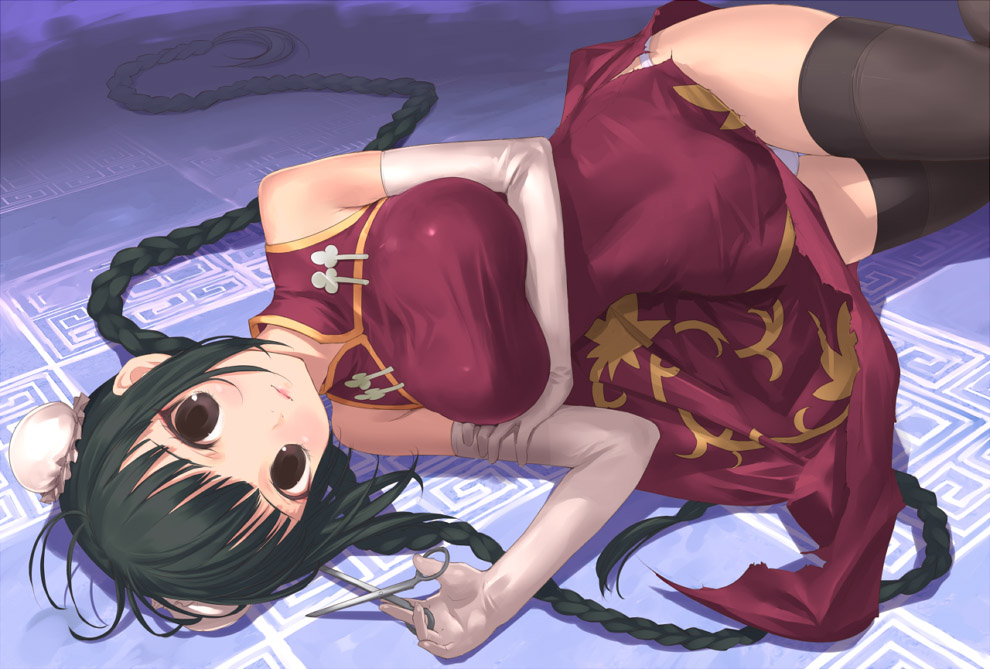 uni (plastic girl), wang liu mei, gundam, gundam 00, 00s, 1girl, black hair, braid, brown eyes, bun cover, china dress, chinese clothes, dress, elbow gloves, female focus, gloves, green hair, long hair, panties, scissors, solo, thighhighs, underwear