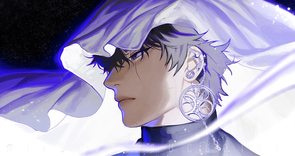 blackbox (blackbox9158), secretive plotter, omniscient reader's viewpoint, 1boy, black eyes, black hair, blue outline, cape, crew neck, double-parted bangs, earrings, from side, gear earrings, glowing, glowing clothes, hood, hood up, jewelry, male focus, messy hair, multiple earrings, outline, portrait, scar, scar across eye, scar on face, serious, short hair, solo, starry sky print