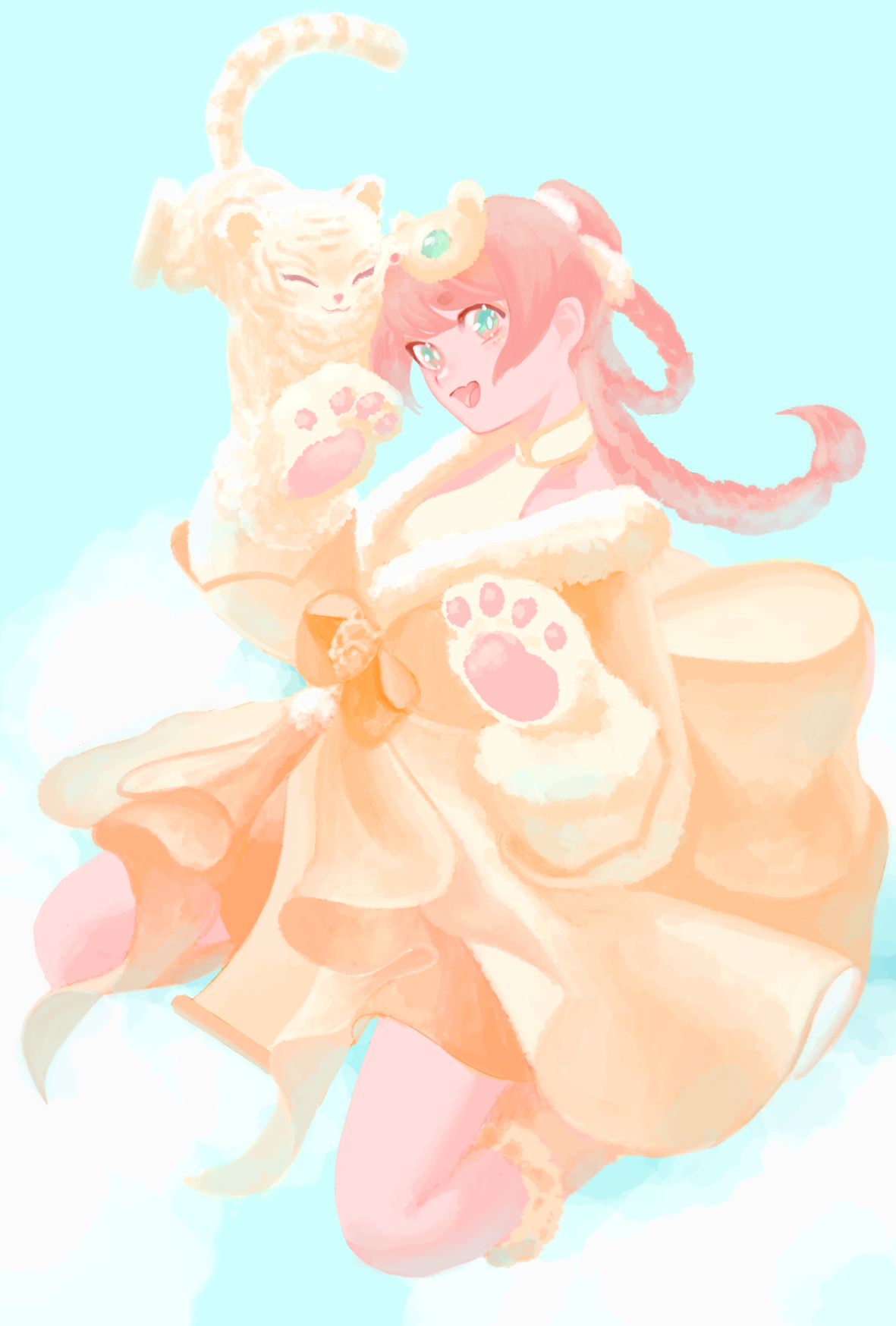 1 hcs, nikki (series), shining nikki, highres, 1girl, animal hands, aqua eyes, baby animal, blue sky, boots, bow, braid, braided hair rings, bright pupils, cloud, collared shirt, day, flaming tiger (shining nikki), full body, fur-trimmed boots, fur-trimmed sleeves, fur trim, gloves, hair bun, hair rings, halter shirt, halterneck, happy, kneeling, long hair, long sleeves, mandarin collar, mask, mask on head, open mouth, orange boots, orange bow, orange hair, orange hanfu, orange mask, outdoors, paw gloves, paw pose, shadow, shirt, single braid, single hair bun, sky, smile, solo, tiger, tiger cub, tiger mask (object), waist bow, white gloves, white pupils, white shirt