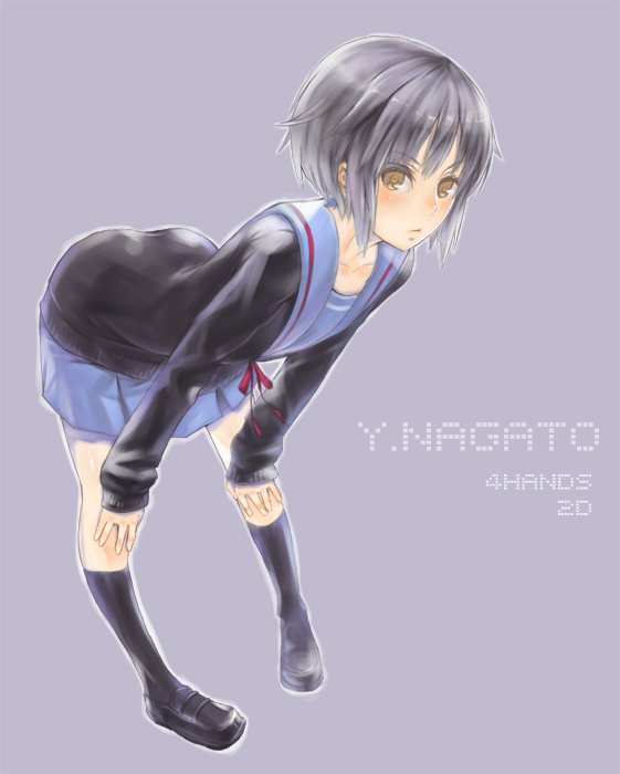 nidy, nagato yuki, suzumiya haruhi no yuuutsu, 00s, 1girl, black socks, female focus, green hair, long sleeves, school uniform, serafuku, skirt, socks, solo, sweater, yellow eyes