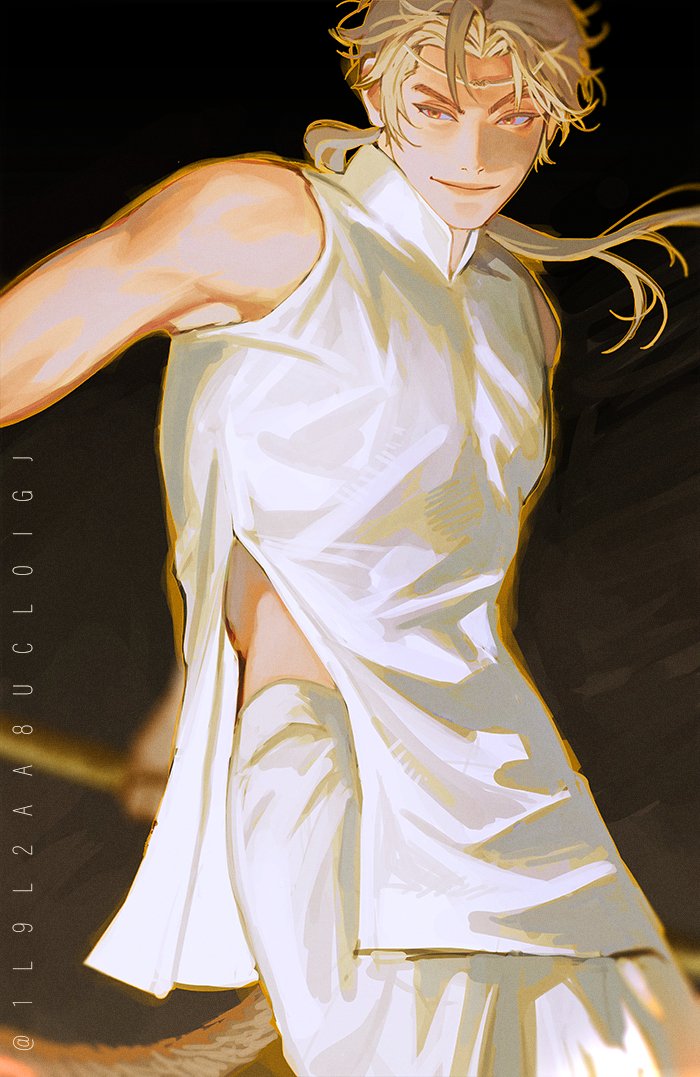 blackbox (blackbox9158), sun wukong (omniscient reader's viewpoint), omniscient reader's viewpoint, 1boy, blonde hair, clothing cutout, curtained hair, headband, holding, holding behind back, holding weapon, holding weapon behind back, kemonomimi mode, low ponytail, male focus, midriff, monkey tail, painterly, pants, ponytail, shirt, side cutout, side slit, smirk, solo, tail, toned, toned male, twisted torso, weapon, white pants, white shirt, yellow eyes