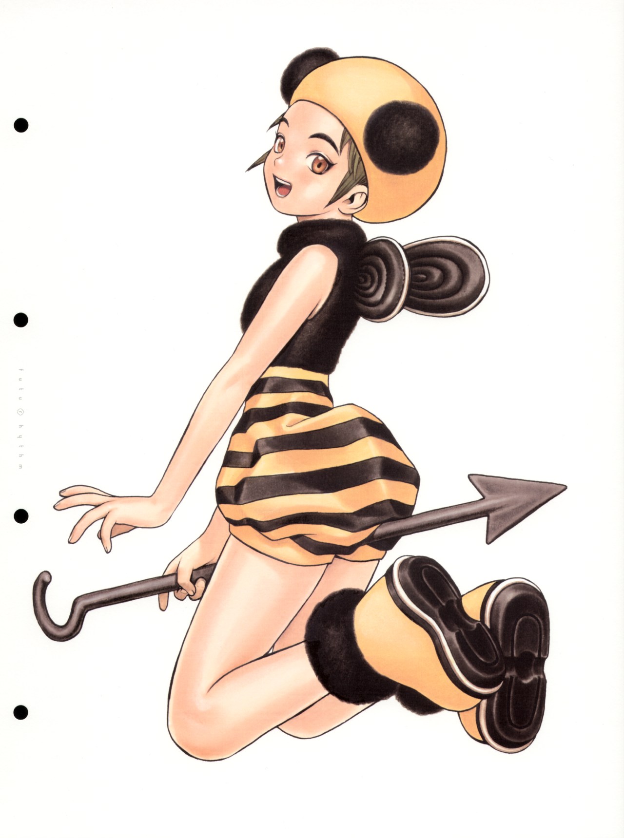 murata range, futurhythm, highres, 1girl, animal ears, arthropod girl, bee, bee girl, bug, costume, female focus, full body, insect, insect girl, monster girl, simple background, solo, white background