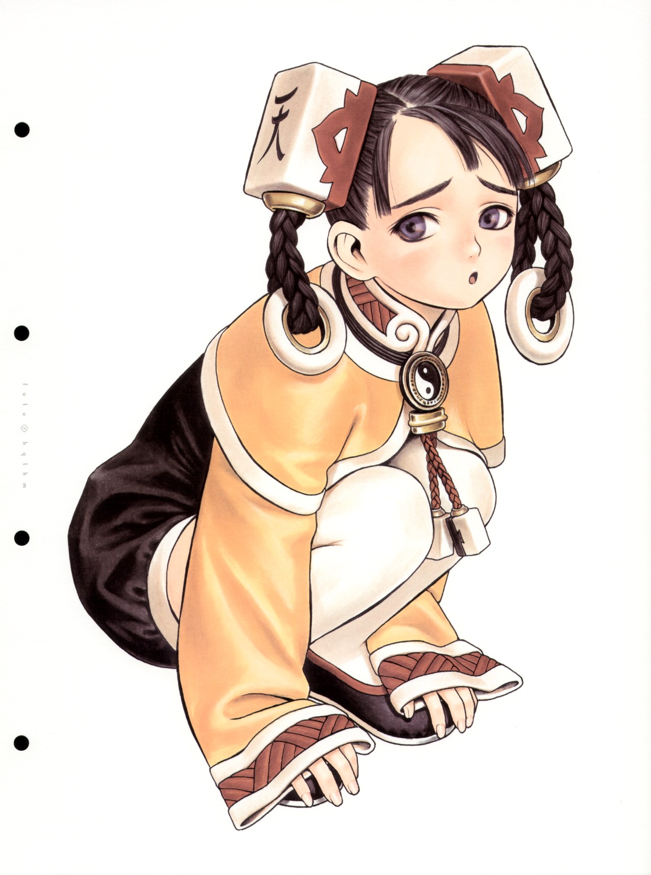 murata range, shao-hong, taisen hot gimmick, taisen hot gimmick kairakuten, looking away, highres, non-web source, official art, scan, 1girl, :o, black hair, blue eyes, blush, board game, braid, braided hair rings, capelet, child, chinese clothes, dress, embarrassed, female focus, flat chest, from side, full body, hair ornament, hair rings, knees to chest, long sleeves, mahjong, open mouth, pantyhose, raised eyebrows, rope, shoes, short dress, short hair, simple background, solo, squatting, swept bangs, thighhighs, turtleneck, twin braids, white background, white pantyhose, white thighhighs, wide sleeves, yin yang