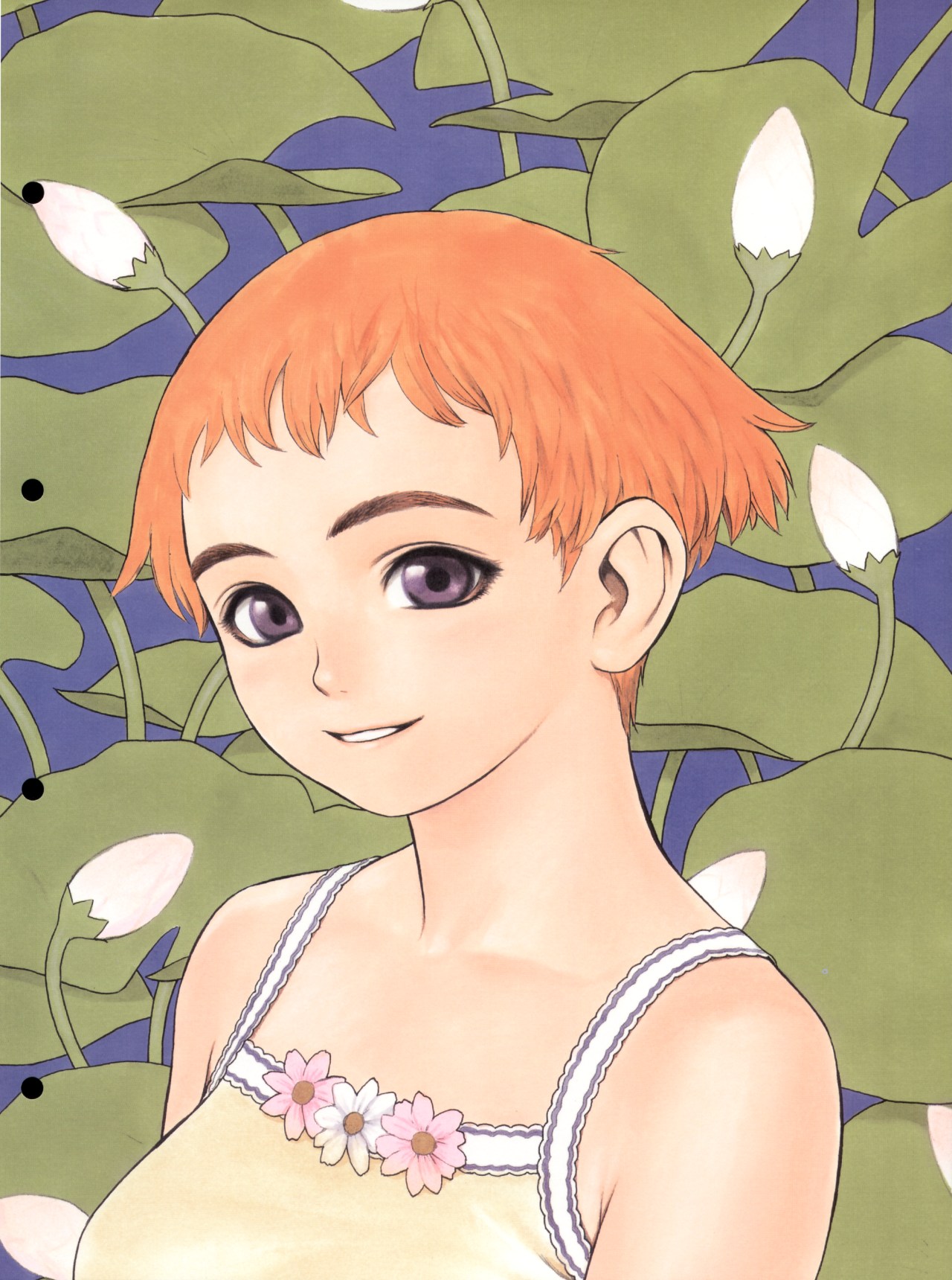 murata range, futurhythm, highres, daisy (flower), flower, lily pad, lotus, orange hair, purple eyes, solo