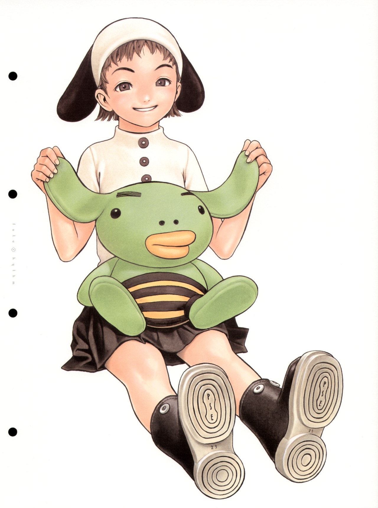 murata range, futurhythm, highres, scan, 1girl, animal ears, animal hat, boots, brown eyes, brown hair, female focus, foreshortening, full body, grin, hat, rubber boots, shoe soles, short hair, sitting, skirt, smile, solo, stuffed animal, stuffed toy