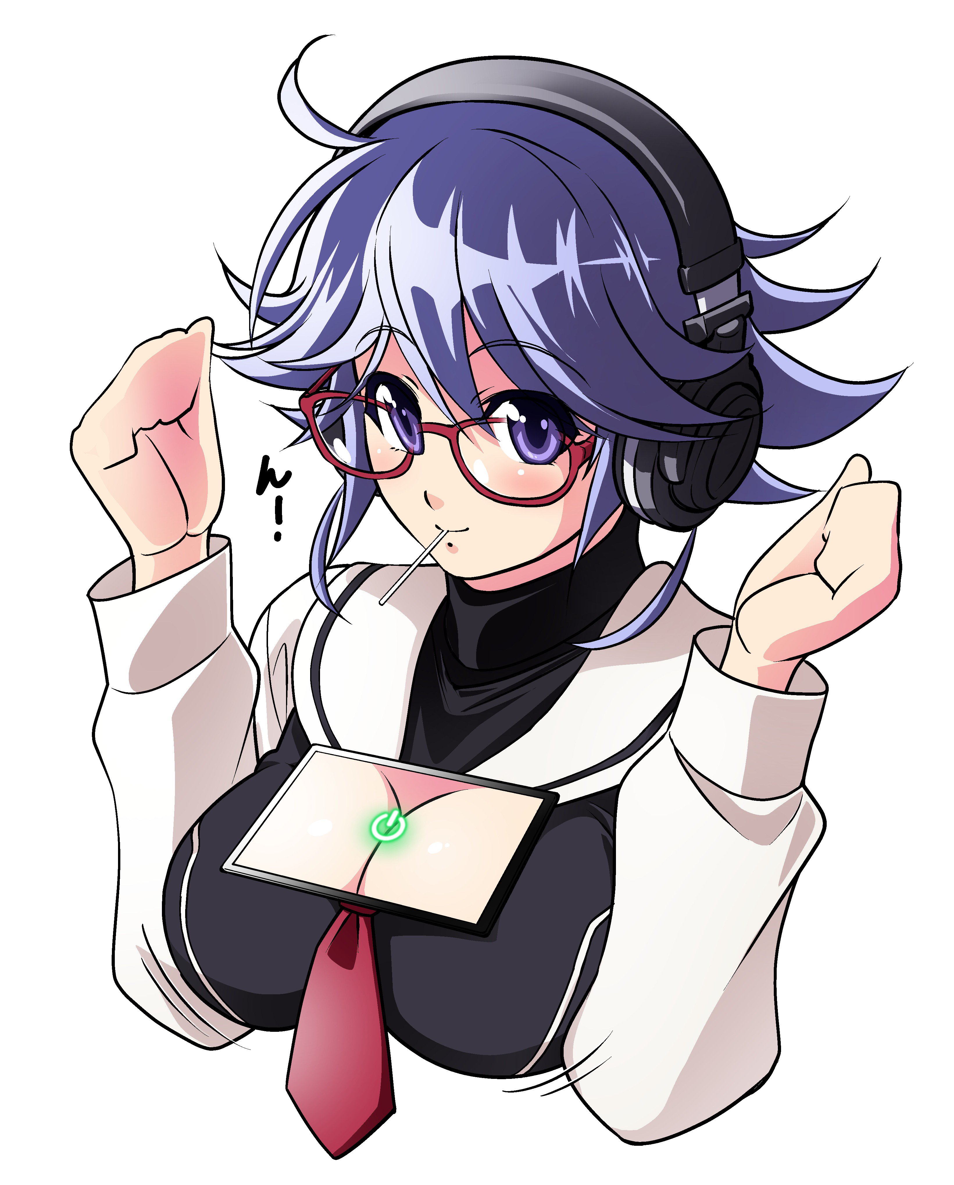 eibon, kazuki hana, chaos;child, science adventure, absurdres, highres, 1girl, blue hair, blush, breasts, cleavage, cleavage cutout, clenched hands, clothing cutout, glasses, headphones, high collar, ipad, large breasts, lollipop in mouth, looking at viewer, necktie, no jacket, purple eyes, red-framed eyewear, red necktie, sailor collar, sailor shirt, shirt, short hair, short necktie, simple background, smile, solo, tablet pc, tawawa challenge, transparent background, undershirt, upper body, white background, white sailor collar, white shirt