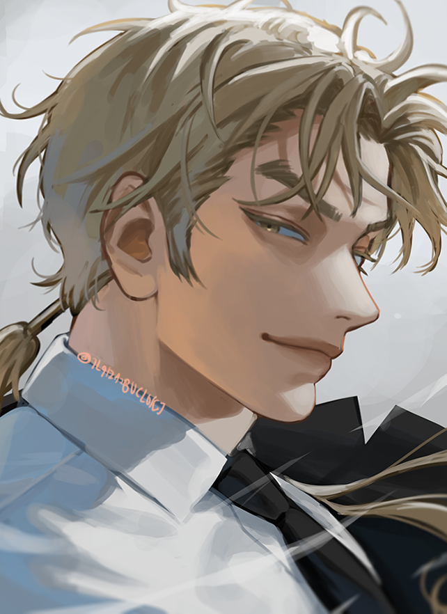 blackbox (blackbox9158), sun wukong (omniscient reader's viewpoint), omniscient reader's viewpoint, 1boy, black necktie, blonde hair, collared shirt, hair ornament, looking at viewer, low ponytail, male focus, necktie, ponytail, portrait, shirt, sideburns, smirk, solo, white shirt, yellow eyes