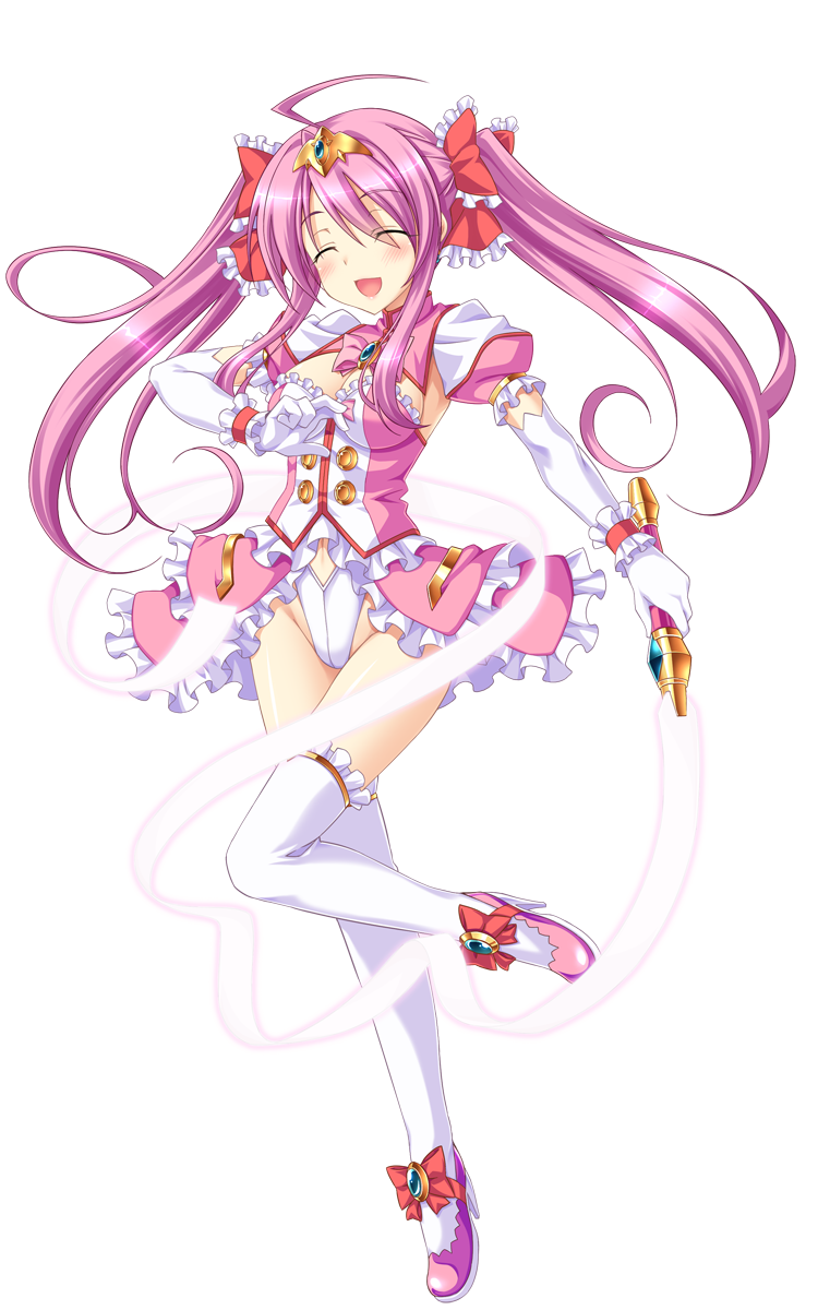 aoi masami, arty cherry, ts magical girl nao, game cg, highres, non-web source, official art, variant set, 1girl, ^ ^, ahoge, blush, bow, breasts, cleavage, closed eyes, dress, elbow gloves, frills, full body, gloves, hair bow, harukaze mai (tsmg nao!), high heels, leotard, long hair, magical girl, medium breasts, open mouth, pink hair, puffy sleeves, ribbon, shoes, skirt, smile, solo, standing, standing on one leg, sword, tachi-e, thighhighs, tiara, transparent background, twintails, weapon, white gloves, white thighhighs