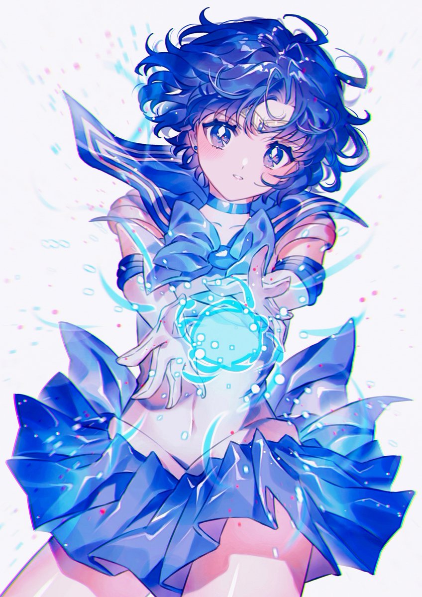 hn sit, mizuno ami, sailor mercury, bishoujo senshi sailor moon, highres, 1girl, back bow, blue choker, blue eyes, blue hair, blue sailor collar, blue skirt, bow, choker, circlet, elbow gloves, gloves, messy hair, sailor collar, sailor senshi uniform, short hair, skirt, solo