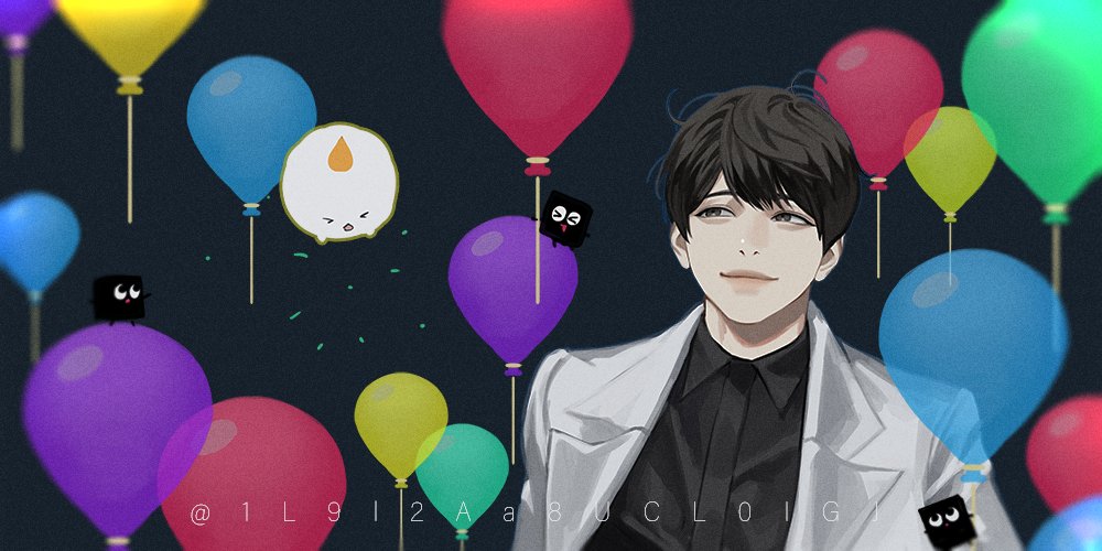 blackbox (blackbox9158), biyoo (omniscient reader's viewpoint), dokkaebi, kim dokja, omniscient reader's viewpoint, > <, 1boy, artist self-insert, bags under eyes, balloon, birthday, black eyes, black hair, black shirt, coat, collared shirt, confetti, double-parted bangs, male focus, motion blur, popped collar, shirt, short hair, smile, white coat