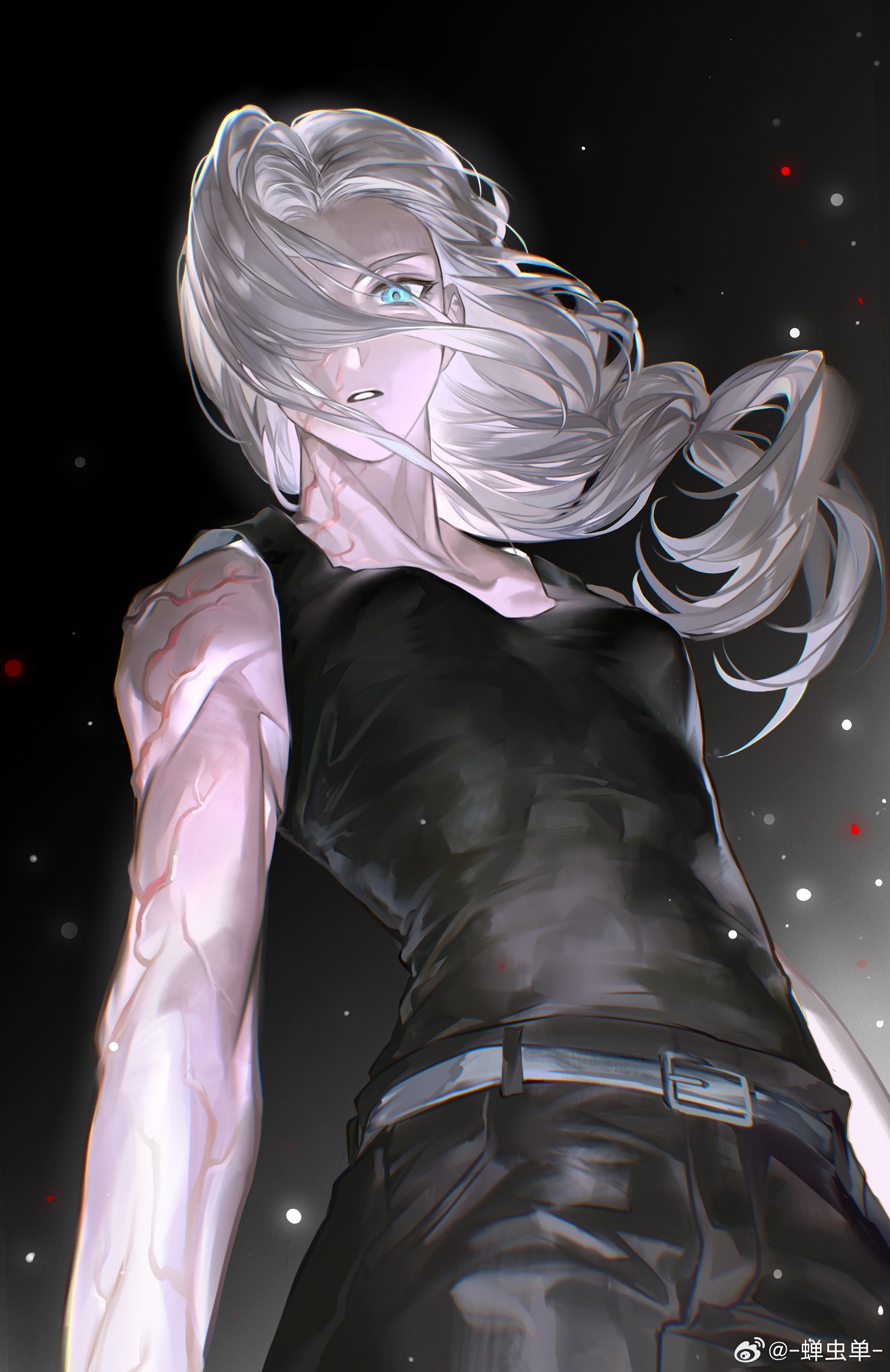 chan9233, luo xiaohei zhanji, absurdres, highres, 1girl, aqua eyes, belt, black pants, black tank top, cowboy shot, from below, grey hair, hair over one eye, long hair, looking at viewer, luye (the legend of luoxiaohei), pants, parted lips, solo, tank top