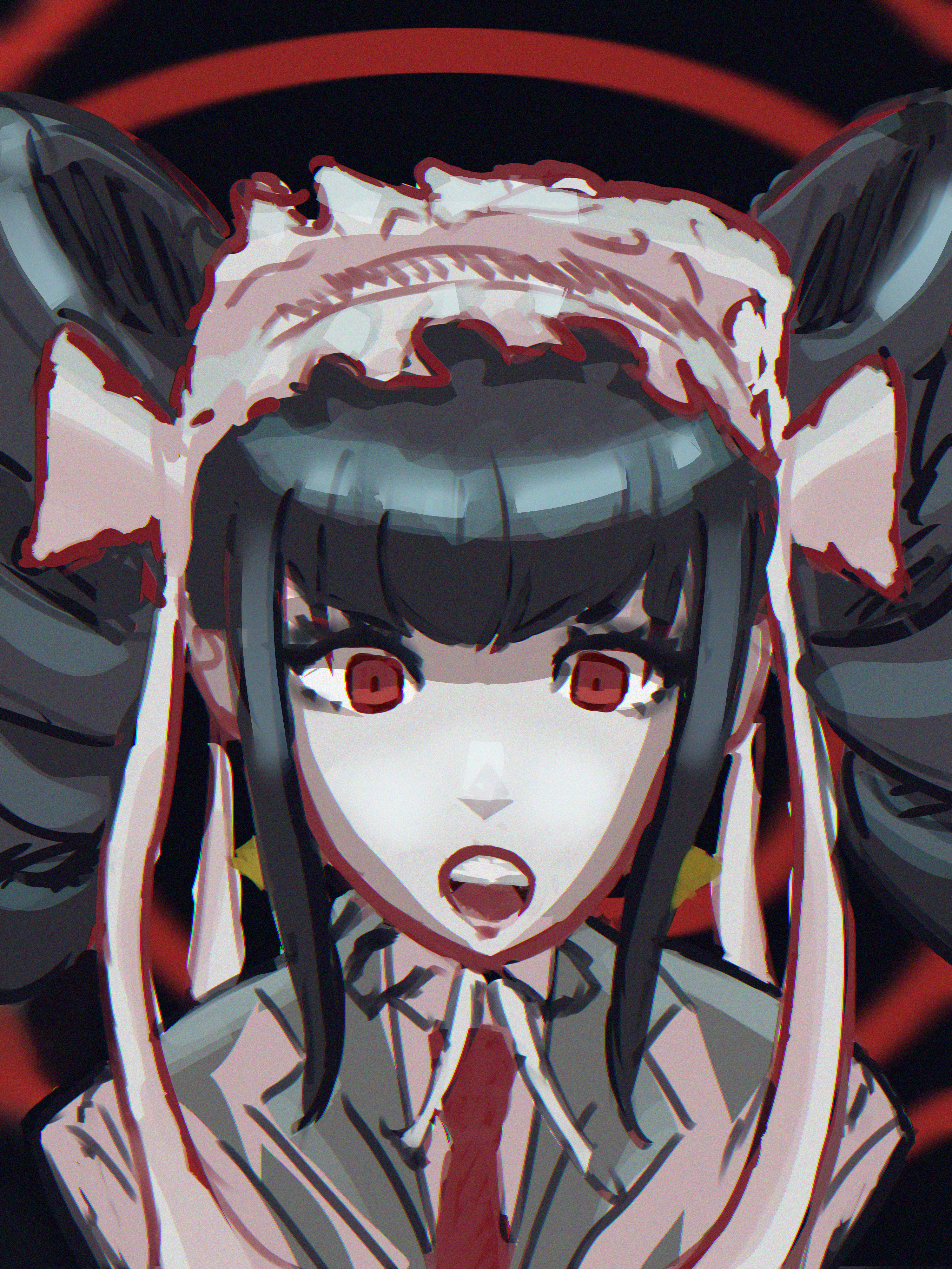 deynesarts, celestia ludenberg, danganronpa: trigger happy havoc, danganronpa (series), absurdres, highres, black hair, bonnet, drill hair, frilled jacket, frills, gothic lolita, jacket, lolita fashion, looking down, necktie, open mouth, print necktie, red eyes, red necktie, twin drills