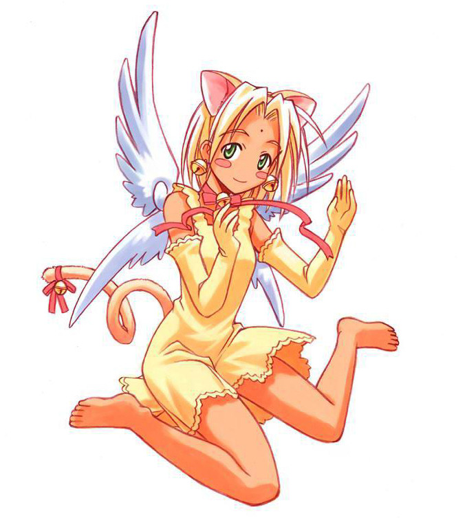 akamatsu ken, kaolla su, love hina, jpeg artifacts, 1girl, angel, angel wings, animal ears, barefoot, bell, bindi, blonde hair, blush stickers, cat ears, cat tail, dark-skinned female, dark skin, earrings, elbow gloves, female focus, gloves, green eyes, jewelry, jingle bell, ribbon, skirt, solo, tail, wings, yellow skirt
