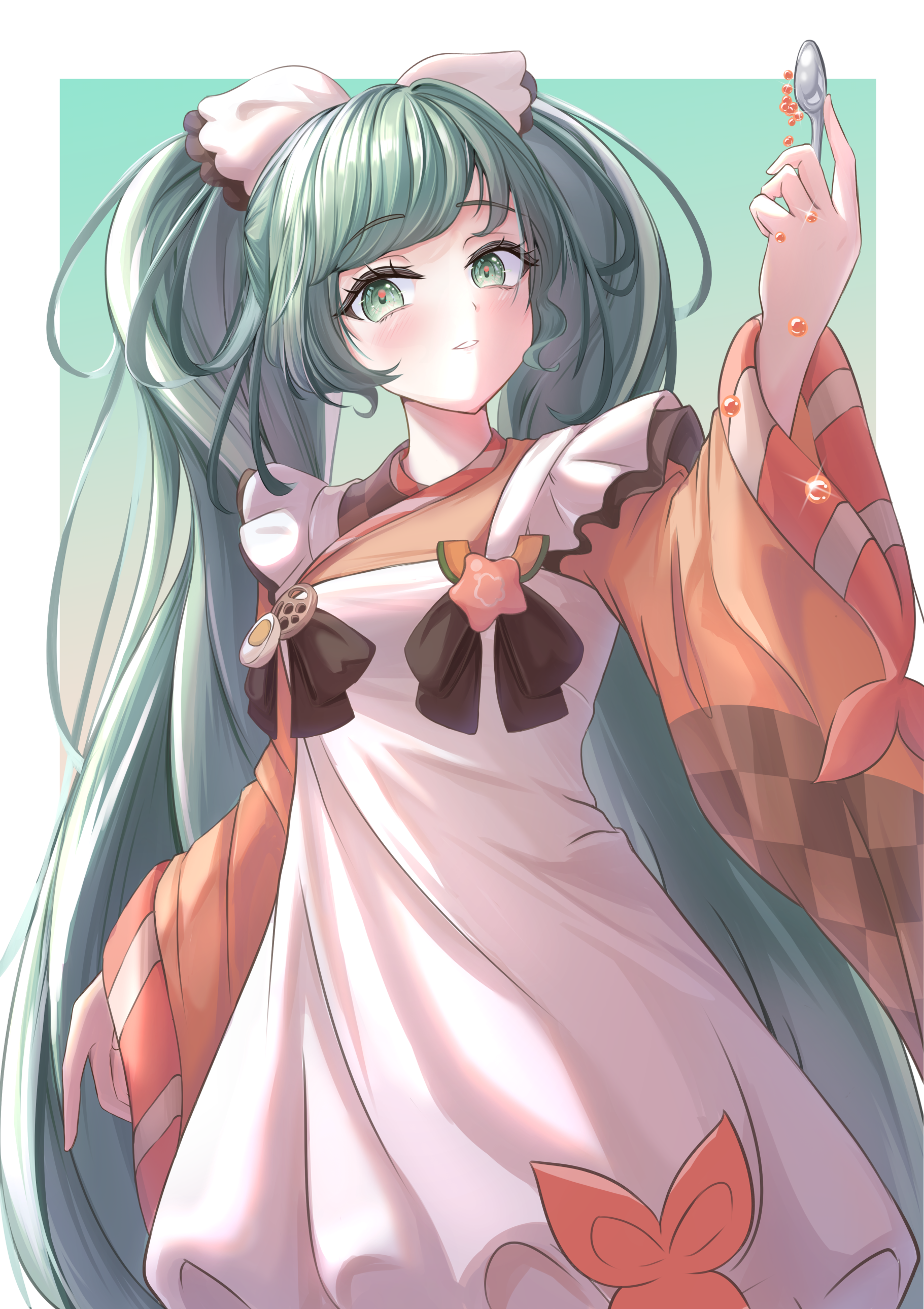 lunann, hatsune miku, yuki miku, yuki miku (2024), vocaloid, absurdres, highres, 1girl, absurdly long hair, apron, bow, breasts, green eyes, green hair, hair bow, holding, holding spoon, japanese clothes, kimono, long hair, long sleeves, medium breasts, official alternate costume, official alternate hairstyle, open mouth, orange kimono, solo, spoon, very long hair, white apron, white bow, wide sleeves