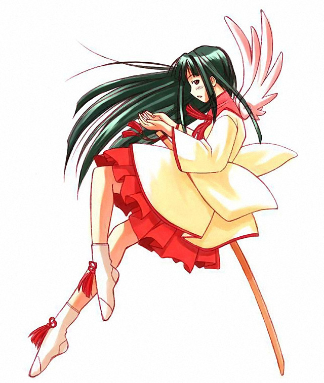 akamatsu ken, aoyama motoko, love hina, 1girl, angel, angel wings, black hair, bokken, female focus, long hair, pleated skirt, profile, skirt, socks, solo, sword, weapon, wings, wooden sword
