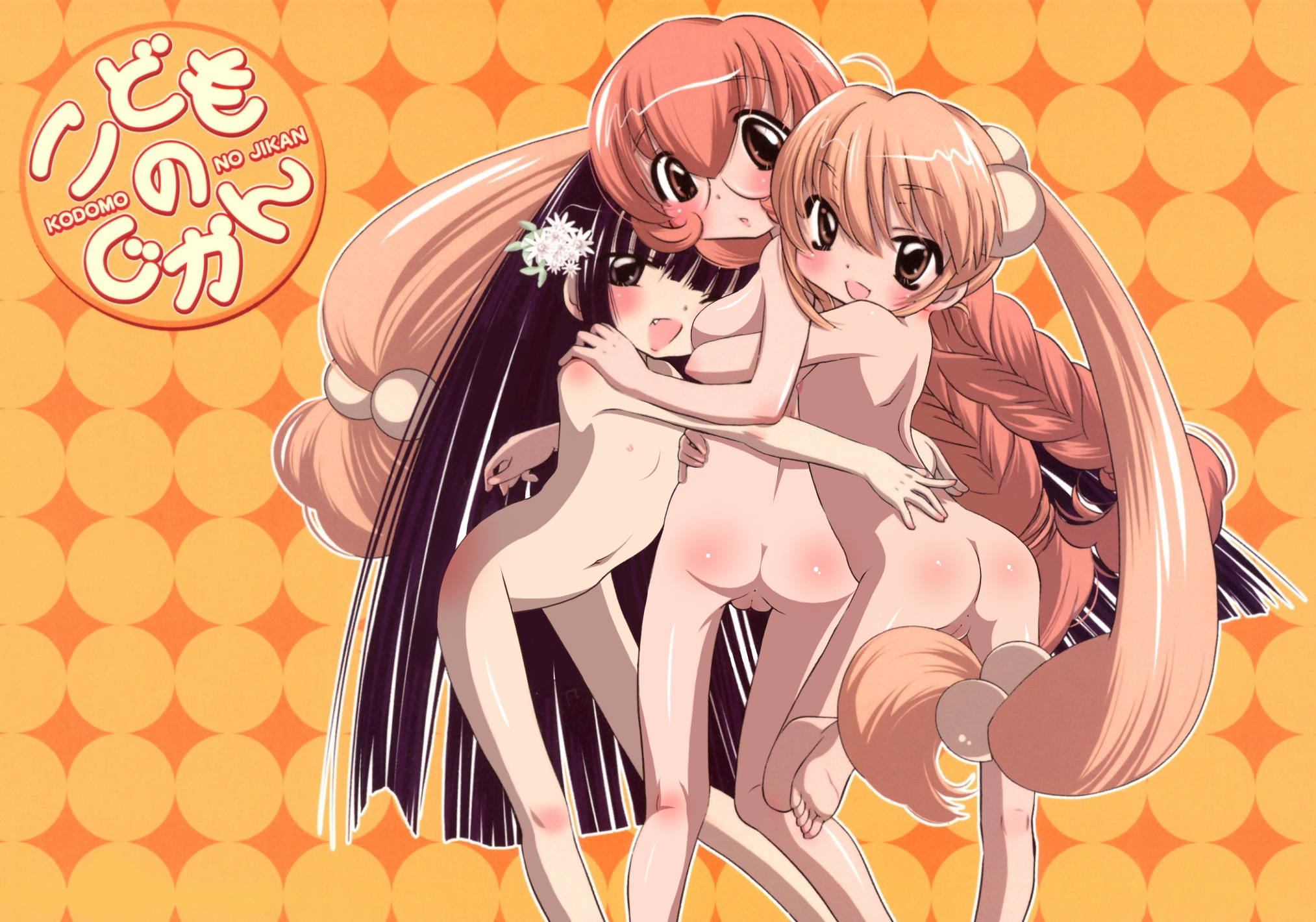 kagami kuro, kokonoe rin, usa mimi, kodomo no jikan, highres, nude filter, third-party edit, 00s, 3girls, ass, breasts, hair bobbles, hair ornament, kodomo doushi, loli, multiple girls, nude, oppai loli, uncensored, yuri