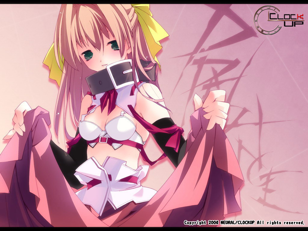 sasakawa ai, clockup, presence, 1girl, bra, brown hair, clothes lift, collar, detached sleeves, female focus, green eyes, hair ribbon, lingerie, long hair, midriff, ribbon, skirt, skirt lift, smile, solo, underwear