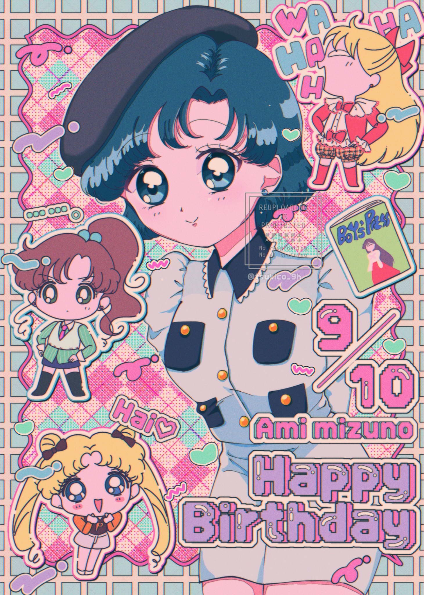 tsukico 9h, aino minako, hino rei, kino makoto, mizuno ami, tsukino usagi, bishoujo senshi sailor moon, highres, 4girls, alternate costume, beret, black hair, blonde hair, blue dress, blue eyes, blue hair, blue skirt, bow, brown hair, chibi, dated, double bun, dress, earrings, green shirt, hair bow, hair bun, hakama, hakama skirt, happy birthday, hat, japanese clothes, jewelry, long hair, looking at viewer, magazine (object), miko, multiple girls, necktie, orange shirt, parted bangs, ponytail, red hakama, red shirt, shirt, short hair, shorts, skirt, stud earrings, swept bangs, twintails, vest, white skirt
