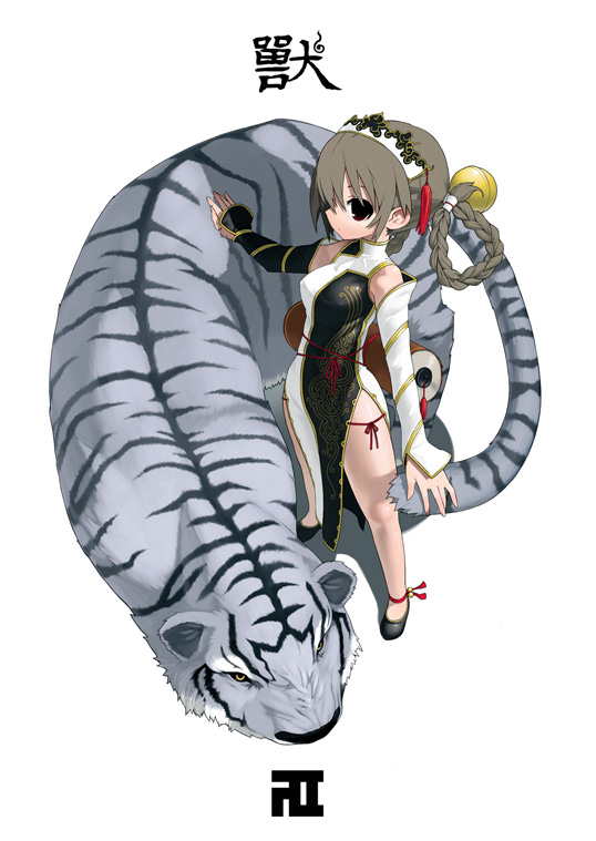 x6suke, original, bare legs, braid, detached sleeves, no socks, pelvic curtain, sleeveless, solo, tiger, twin braids
