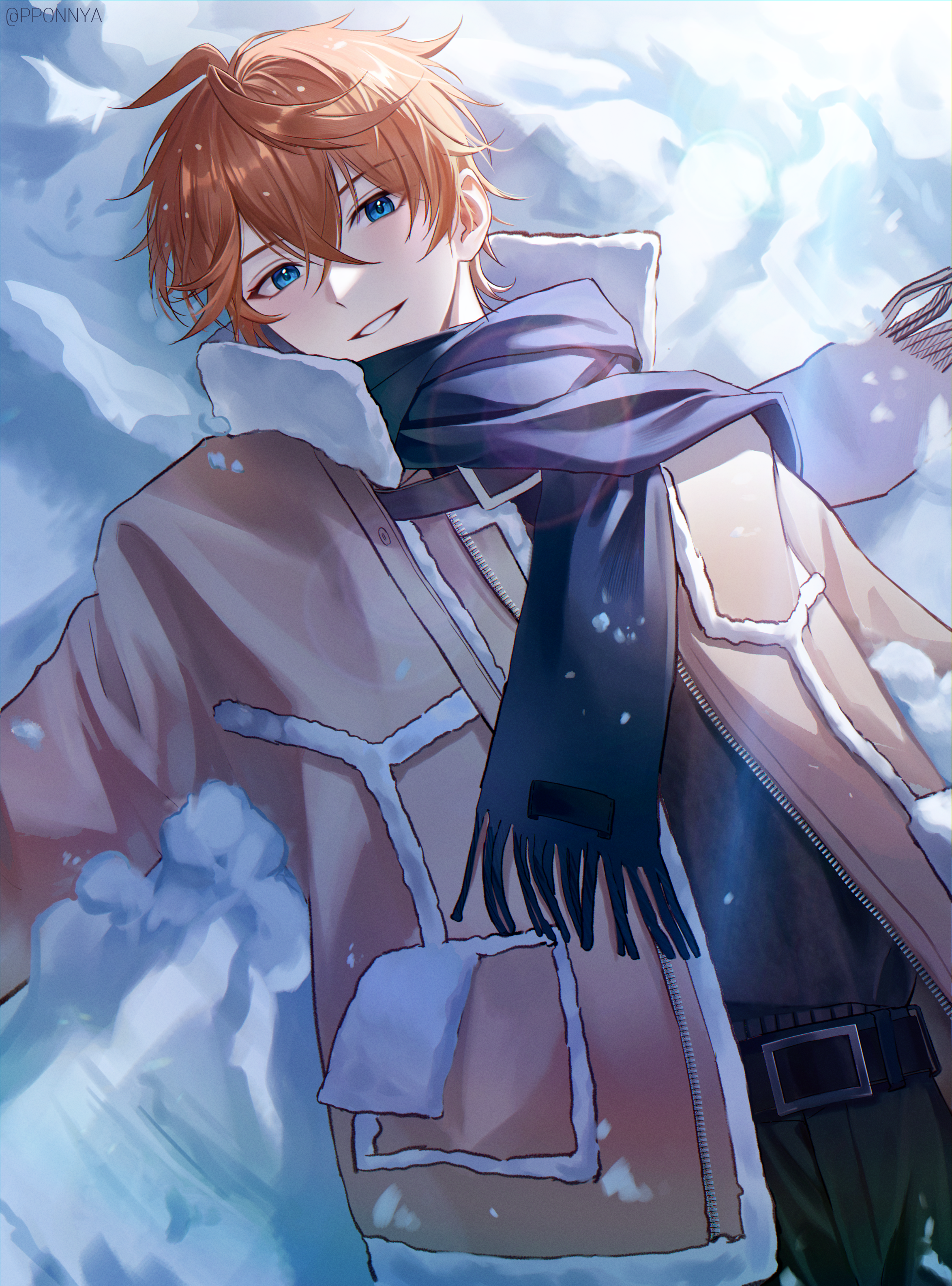 pponnya, tartaglia (genshin impact), genshin impact, absurdres, commentary, highres, 1boy, belt, blue eyes, blue scarf, hair between eyes, jacket, long sleeves, lying, male focus, orange hair, pants, scarf, short hair, smile, snow, solo