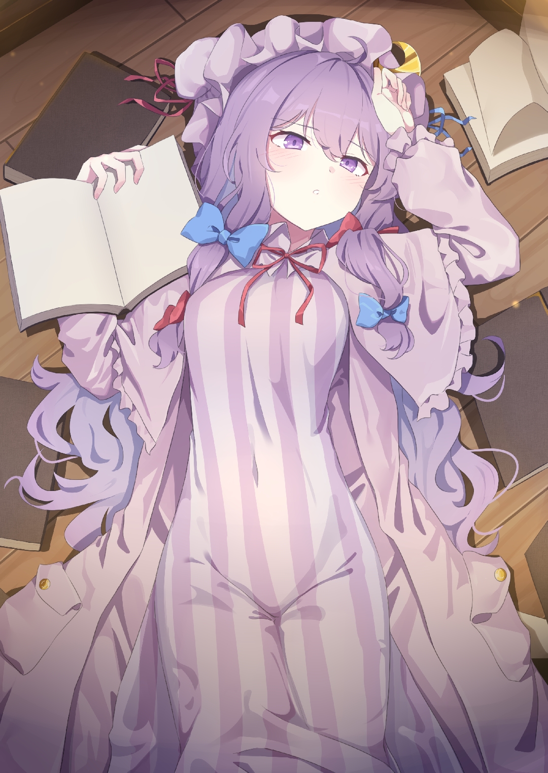 t-hou, patchouli knowledge, touhou, highres, 1girl, :o, blue bow, blue bowtie, blue ribbon, blush, book, bow, bowtie, breasts, covered navel, crescent, dress, hair extensions, hand on own head, hat, hat ribbon, holding, holding book, long hair, looking to the side, lying, medium breasts, mob cap, open book, pajamas, pocket, purple eyes, purple hair, purple hat, red bow, red bowtie, red ribbon, ribbon, solo, striped clothes, striped dress, striped pajamas, two-tone dress, wooden floor