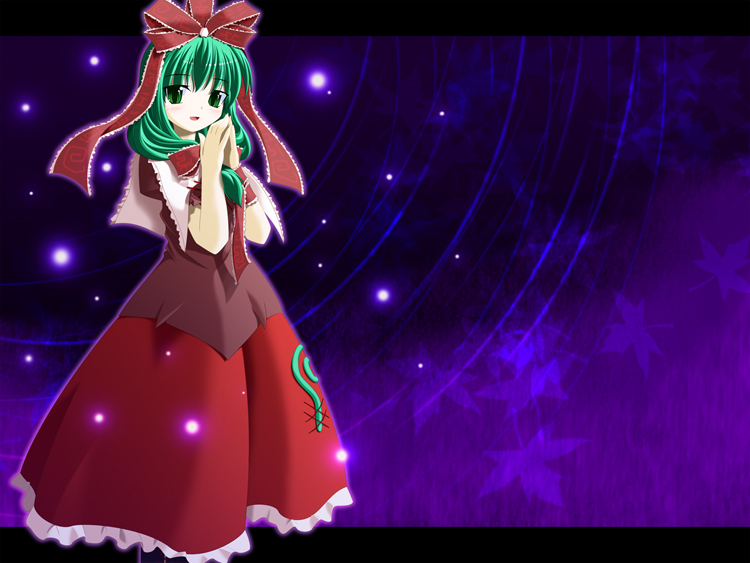 kii (mahoraba), kagiyama hina, touhou, 1girl, female focus, front ponytail, green eyes, green hair, hair ribbon, letterboxed, outdoors, plant, ribbon, sky, solo, standing