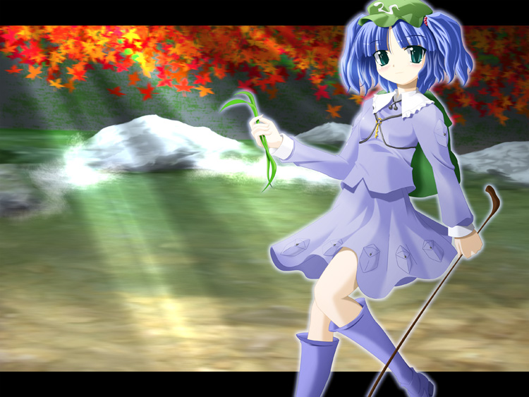 kii (mahoraba), kawashiro nitori, touhou, 1girl, autumn, blue dress, blue eyes, blue hair, dress, female focus, holding, letterboxed, light rays, long sleeves, looking at viewer, matching hair/eyes, outdoors, pocket, short hair, solo, stick, thighhighs, two side up, zettai ryouiki