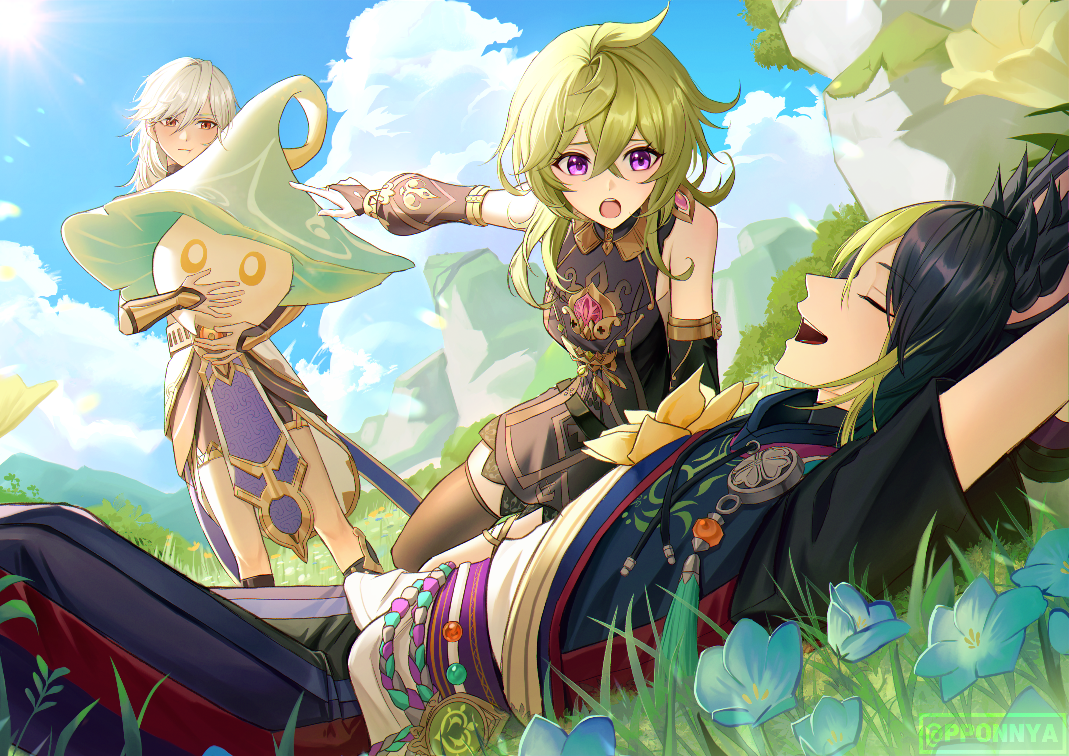 pponnya, collei (genshin impact), cyno (genshin impact), fungi (genshin impact), tighnari (genshin impact), genshin impact, absurdres, commentary, highres, 1girl, 2boys, animal ears, black dress, black hair, closed eyes, dark-skinned male, dark skin, dress, flower, fox boy, fox ears, gloves, green eyes, green hair, grey hair, hair between eyes, hair ornament, hood, jewelry, long hair, lying, male focus, multicolored hair, multiple boys, open mouth, orange eyes, purple eyes, short hair, thighhighs, vision (genshin impact), white hair