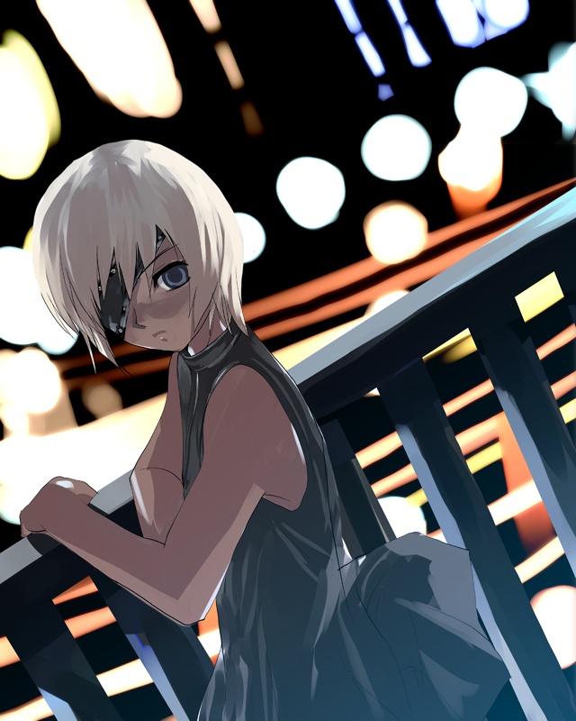 natori (natorism), original, silver hair, 1girl, bare shoulders, blue dress, blue eyes, blurry, blurry background, city lights, dress, dutch angle, eyepatch, female focus, from side, looking at viewer, looking to the side, night, outdoors, short hair, solo