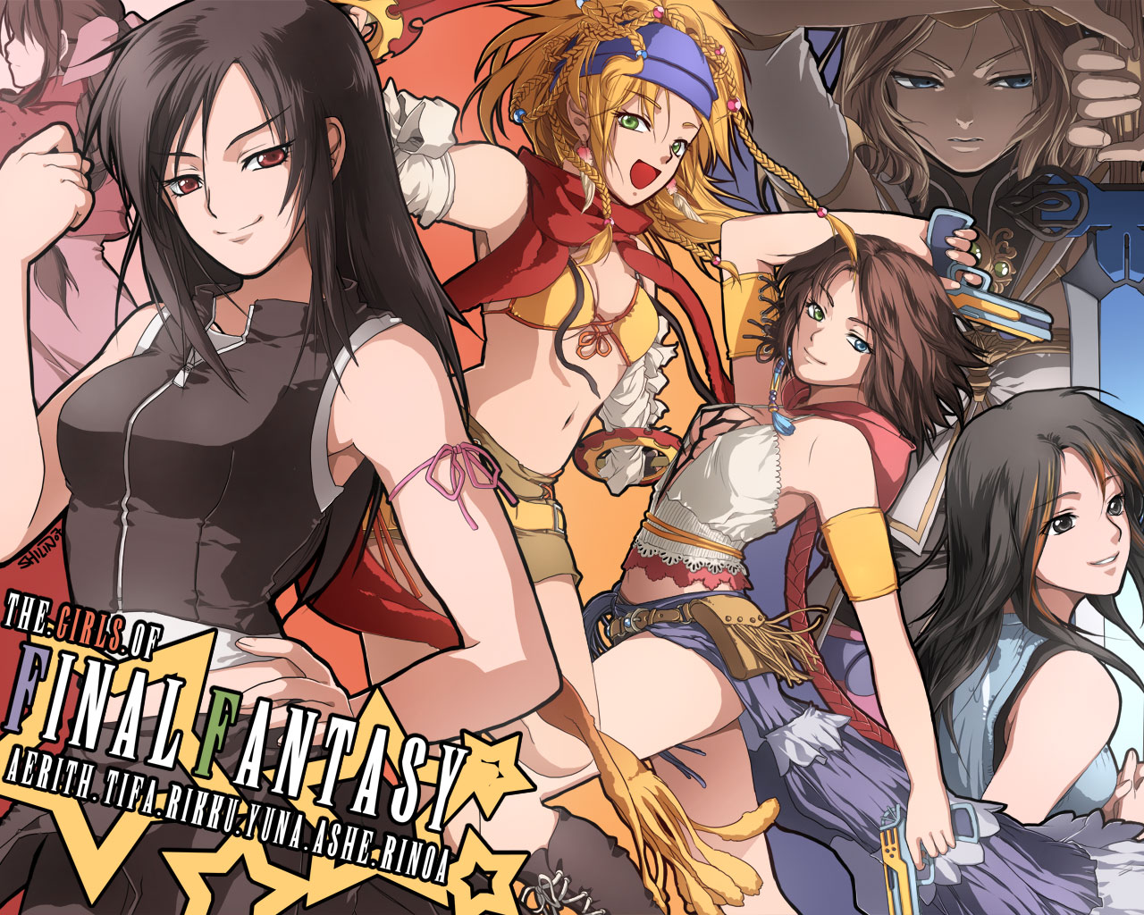 shilin, aerith gainsborough, ashelia b'nargin dalmasca, rikku (ff10), rinoa heartilly, tifa lockhart, yuna, yuna (ff10), final fantasy, final fantasy vii, final fantasy vii advent children, final fantasy viii, final fantasy x, final fantasy x-2, final fantasy xii, 00s, 1990s (style), 1girl, 6+boys, 6+girls, arched back, ass, bikini, bikini top only, black hair, blonde hair, blue eyes, boots, bow, braid, breasts, brown hair, camisole, character name, cleavage, clenched hand, copyright name, dual wielding, everyone, green eyes, gun, hair bow, hand on own hip, handgun, heterochromia, holding, long hair, long skirt, looking at viewer, medium breasts, multiple boys, multiple braids, multiple girls, pistol, red eyes, retro artstyle, scarf, short hair, side slit, skirt, small breasts, smile, swimsuit, tattoo, weapon