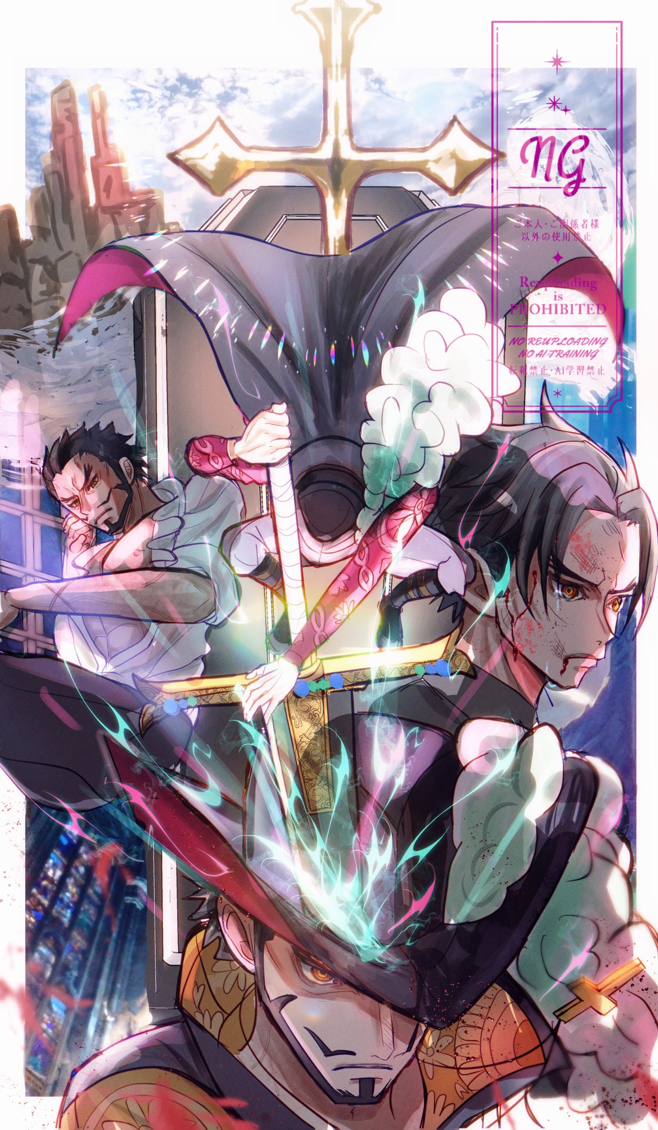 kawo (kawo2525 ), dracule mihawk, one piece, commentary request, highres, 1boy, aged down, black hair, blood, blood on face, coat, cross pendant, facial hair, frilled shirt, frills, goatee, hat feather, high collar, holding, holding sword, holding weapon, male focus, multiple views, mustache, shirt, sword, weapon, white shirt, yellow eyes