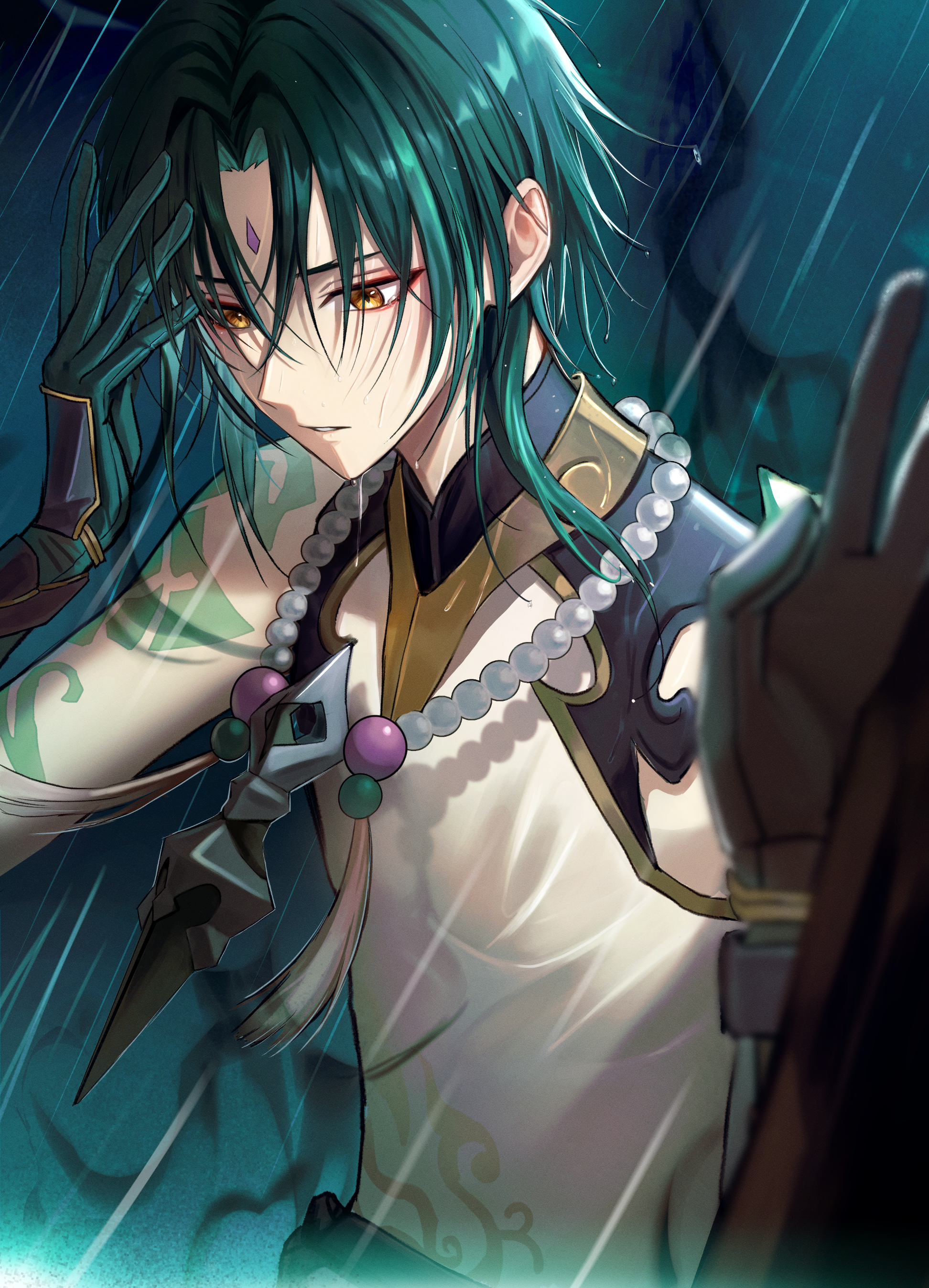 pponnya, xiao (genshin impact), genshin impact, absurdres, commentary, highres, 1boy, aqua hair, arm tattoo, bare shoulders, bead necklace, beads, blurry, blurry foreground, crossed bangs, expressionless, eyeshadow, facial mark, forehead mark, gloves, gold trim, green gloves, green hair, hair between eyes, hand up, jewelry, looking down, makeup, male focus, multicolored hair, necklace, outdoors, parted bangs, parted lips, rain, red eyeshadow, shirt, short hair, sidelocks, sleeveless, sleeveless shirt, solo, streaked hair, tassel, tattoo, upper body, wet, wet clothes, wet hair, wet shirt, white shirt, yellow eyes