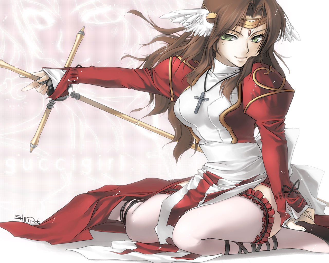 shilin, high priest (ragnarok online), ragnarok online, 1girl, brown hair, cross, dress, female focus, frilled thighhighs, frills, green eyes, head wings, high priestess, latin cross, lingerie, long hair, priest, priestess, solo, thighhighs, underwear, wings