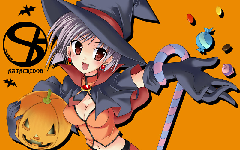 miyabi juri, original, 1girl, breasts, brown eyes, candy, candy cane, cleavage, earrings, female focus, food, gloves, halloween, hat, holding, holding food, holding pumpkin, holding vegetable, jack-o'-lantern, jewelry, medium breasts, navel, orange background, pumpkin, purple hair, short hair, smile, solo, vegetable, witch hat