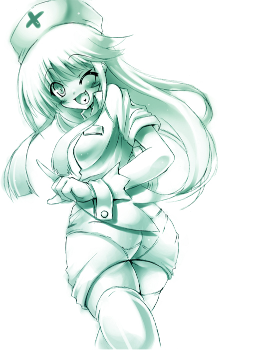 ichijou hitoshi, 1girl, ass, fang, female focus, from behind, green theme, looking back, monochrome, nurse, one eye closed, solo, thighhighs, zettai ryouiki