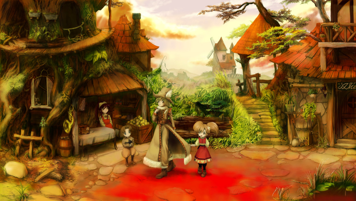 2boys, 2girls, grass, multiple boys, multiple girls, outdoors, plant, town, tree