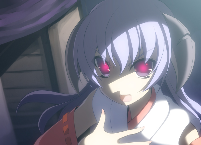 ohta yuichi, outa yuichi, hanyuu, higurashi no naku koro ni, 00s, 1girl, close-up, demon girl, detached sleeves, female focus, glowing, glowing eyes, horns, japanese clothes, long hair, open mouth, pink eyes, purple hair, solo