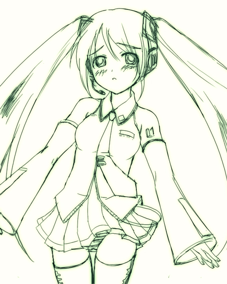 tenka taihei, hatsune miku, vocaloid, 1girl, detached sleeves, female focus, green theme, monochrome, panties, solo, striped clothes, striped panties, thighhighs, twintails, underwear