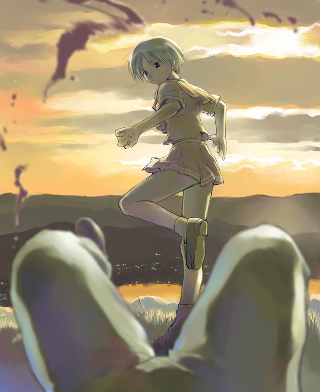 yoshizuki kumichi, blood, cloud, grass, kicking, landscape, outdoors, school uniform, serafuku, short hair, sunset, water