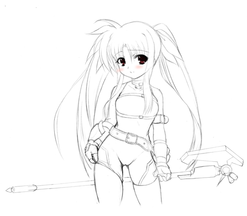 johnny (from scratch), bardiche (assault form) (nanoha), bardiche (nanoha), fate testarossa, fate testarossa (sonic form), lyrical nanoha, mahou shoujo lyrical nanoha, mahou shoujo lyrical nanoha a's, lowres, 00s, 1girl, :o, adjusting clothes, antenna hair, armband, armor, belt, belt bra, belt skirt, blush, breasts, buckle, cowboy shot, elbow gloves, female focus, gloves, greyscale, hair ribbon, halberd, halterneck, holding, holding weapon, lineart, long hair, looking at viewer, magical girl, monochrome, open mouth, parted bangs, polearm, red eyes, ribbon, sidelocks, simple background, single vertical stripe, small breasts, solo, spot color, standing, strap, turtleneck, twintails, unitard, vambraces, very long hair, weapon