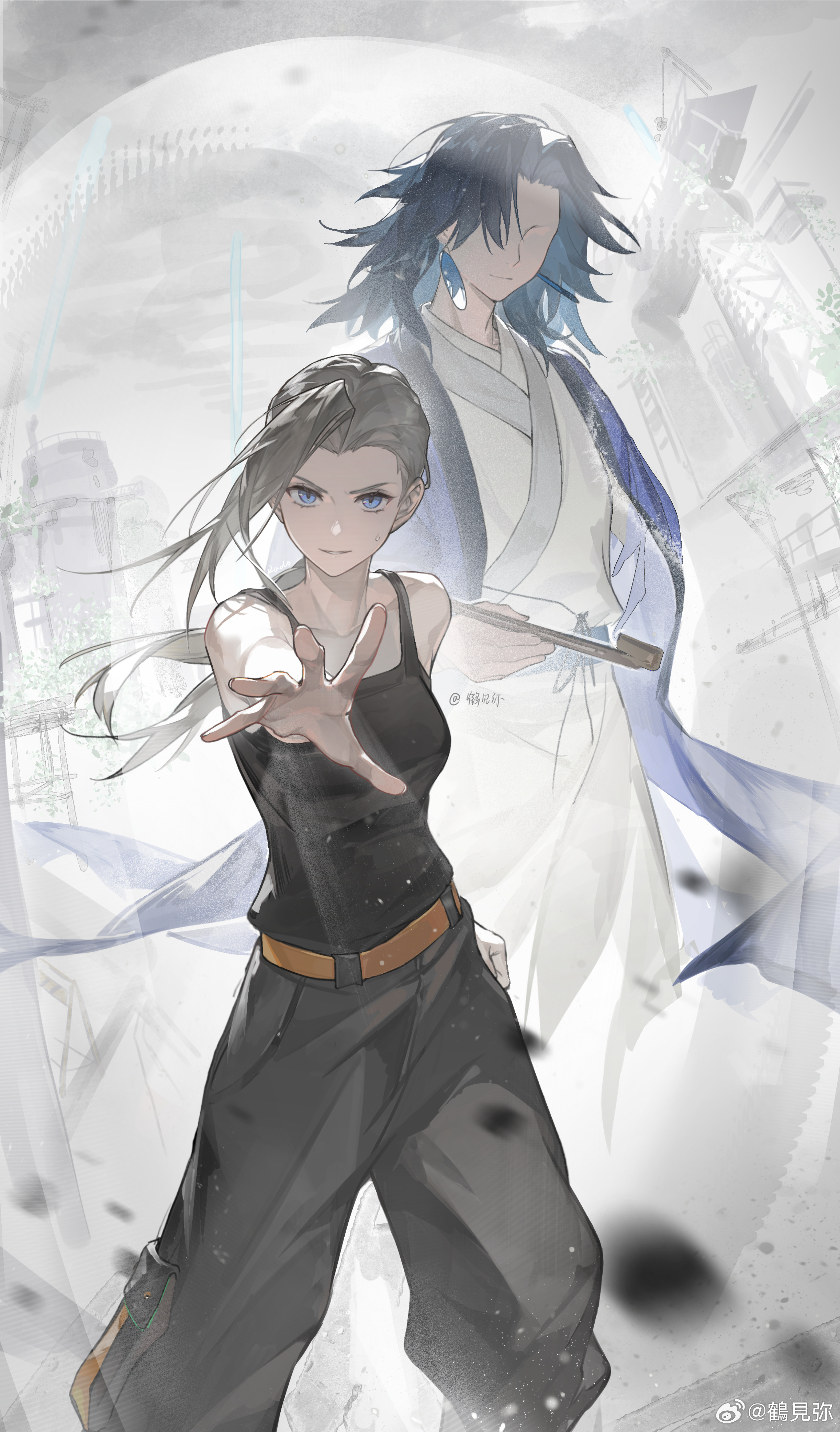 rudooo, laojun (the legend of luoxiaohei), luo xiaohei zhanji, absurdres, highres, 1boy, 1girl, aqua eyes, belt, black pants, black tank top, blue hair, brown belt, earrings, feet out of frame, grey hair, jewelry, looking at viewer, luye (the legend of luoxiaohei), pants, parted lips, smile, tank top