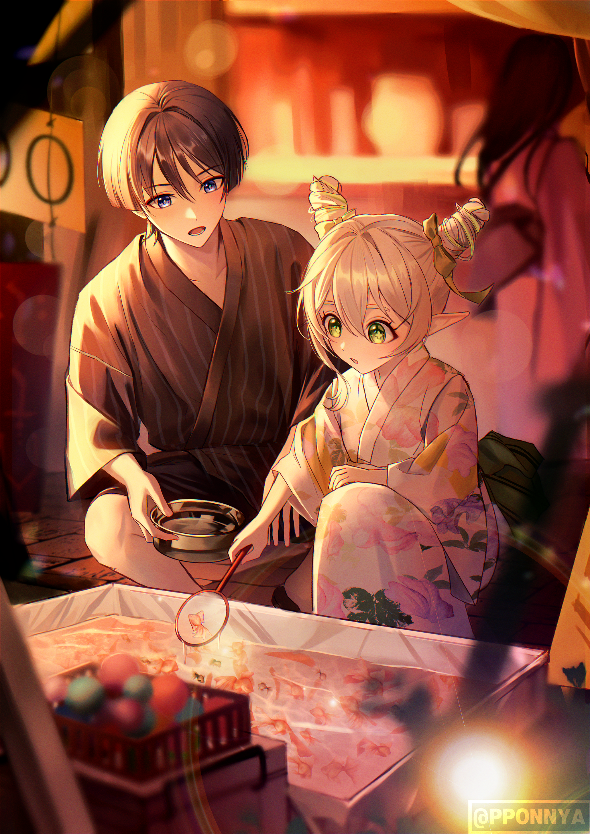 pponnya, nahida (genshin impact), scaramouche (genshin impact), wanderer (genshin impact), genshin impact, absurdres, commentary, highres, 1boy, 1girl, alternate hairstyle, black hair, blue eyes, bowl, double bun, fish, goldfish, goldfish scooping, green eyes, green ribbon, hair between eyes, hair bun, hair ornament, hair ribbon, hand net, holding, holding bowl, japanese clothes, kimono, long sleeves, open mouth, poi (goldfish scoop), pointy ears, ribbon, short hair, symbol-shaped pupils, white hair, white kimono