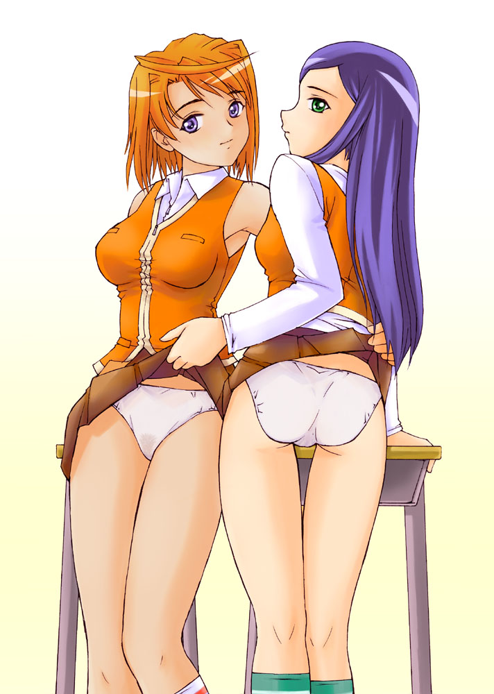 akusyu 0.5 second, kuga natsuki, tokiha mai, my-hime, 00s, 2girls, clothes lift, female pubic hair, green eyes, long hair, multiple girls, orange shirt, panties, pubic hair, purple eyes, school uniform, see-through clothes, serafuku, shirt, skirt, skirt lift, underwear