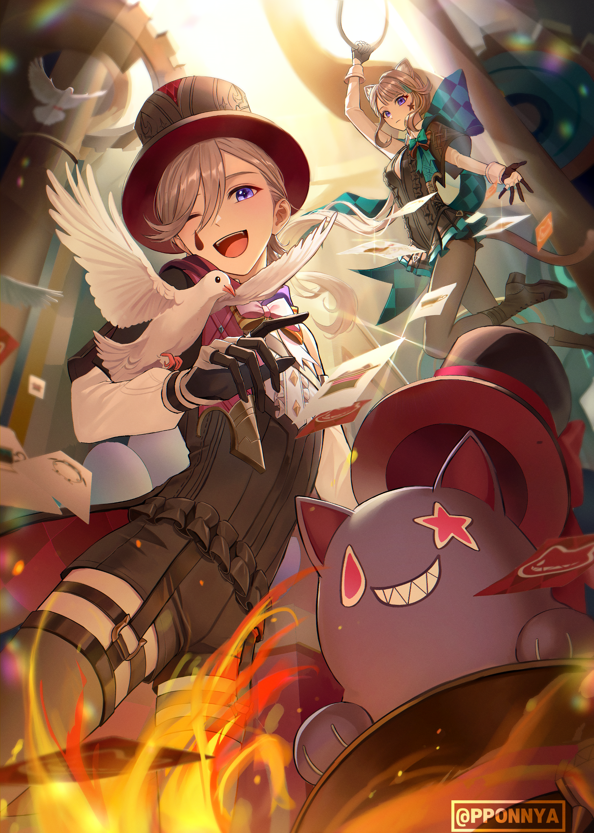 pponnya, lynette (genshin impact), lyney (genshin impact), genshin impact, absurdres, commentary, highres, 1boy, 1girl, animal ears, bird, black gloves, black hat, blonde hair, bow, brother and sister, card, cat, cat ears, cat girl, cat tail, facial mark, fire, gloves, hat, high heels, long hair, looking at viewer, magic, magician, one eye closed, open mouth, pantyhose, purple eyes, rosseland (genshin impact), short hair, shorts, siblings, smile, star (symbol), tail, teardrop facial mark, tongue, top hat