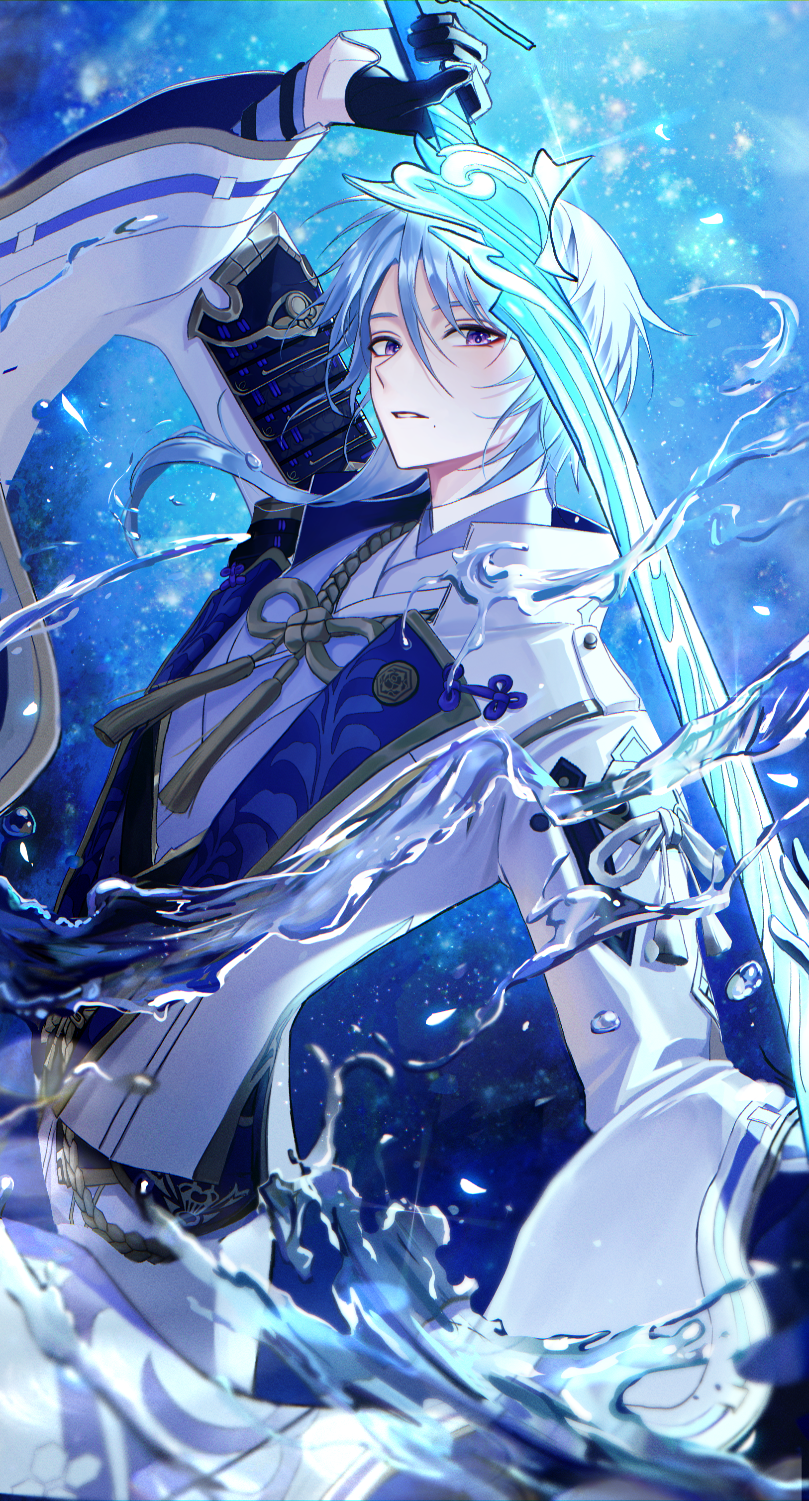 pponnya, kamisato ayato, genshin impact, absurdres, bad perspective, commentary, highres, 1boy, black gloves, blue background, blue eyes, blue hair, blue theme, gloves, haran geppaku futsu (genshin impact), japanese clothes, long sleeves, male focus, medium hair, mole, mole under mouth, parted lips, solo, sword, upper body, water, weapon, white sleeves